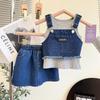 Ensemble Jupe en Denim d'Été pour Filles: Couleur unie, Design brossé, Ensemble trois pièces pour sortie fraîche TX365