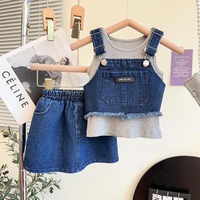 Summer Girls' Denim Skirt Set: Solid Color, Brushed Design, Fresh Outing Three-Piece Set TX365