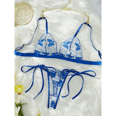Lingerie en Maille Dentelle Brodée Papillon Bleu Design Ensemble Soutien-gorge Sexy Séduisant Soutien-gorge Français Lingerie