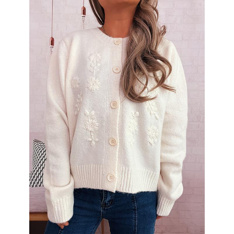 

Autumn And Winter New Casual Flower Embroidery Solid Color Knitted Long-sleeved Cardigan Round-neck Long-sleeved Sweater Jacket L білий
