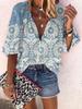 #Fashion Summer Women's Stand-Up Collar Loose Button Retro Printed Casual Shirt