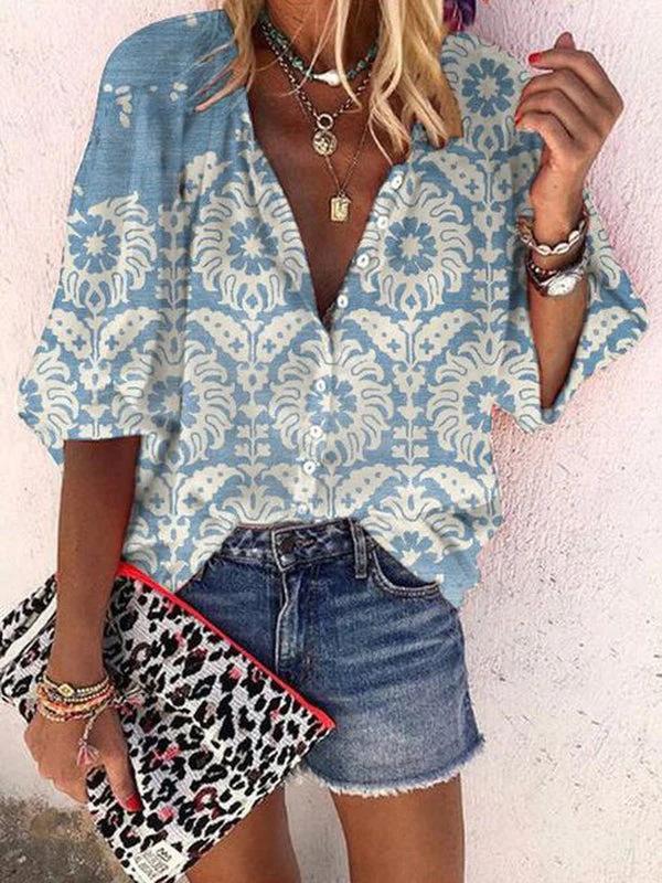 #Fashion Summer Women's Stand-Up Collar Loose Button Retro Printed Casual Shirt