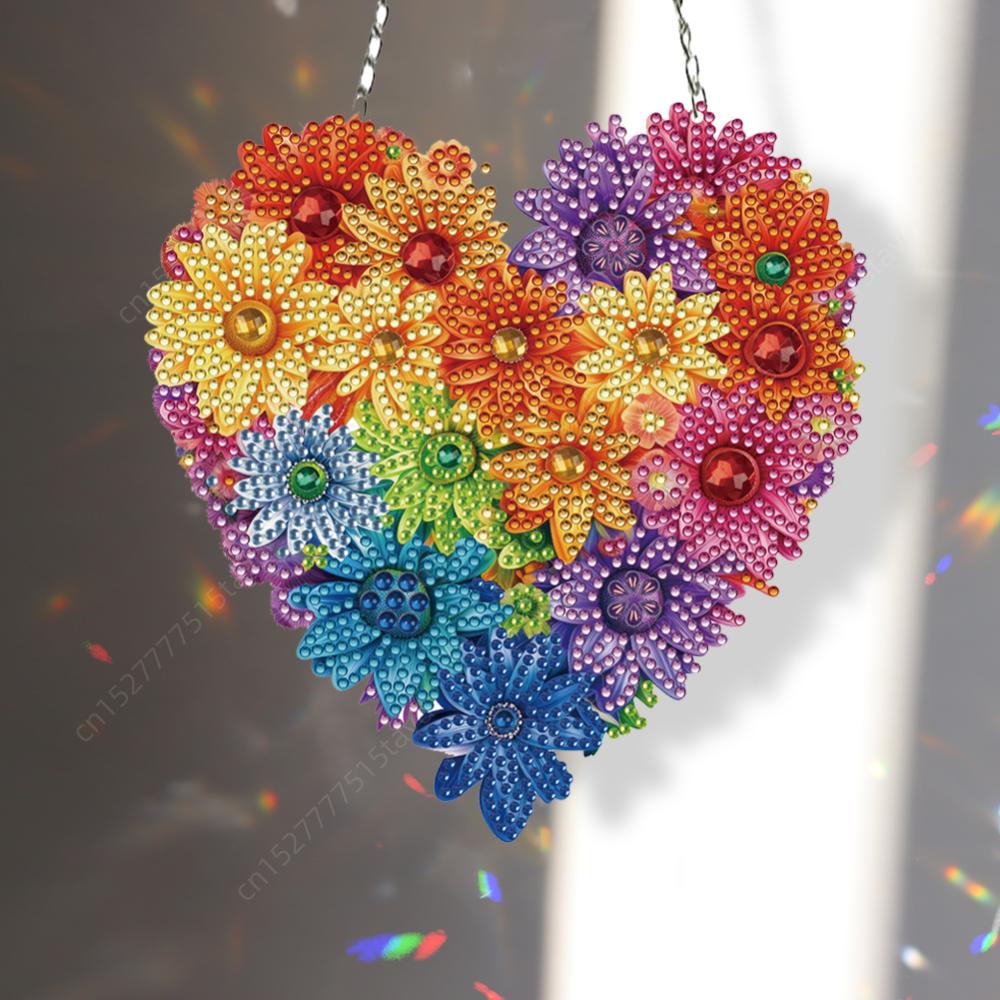 Crystal Hanging Home Wall Decor Heart Flower Acrylic Diamond Painting Hanging Pendant Round Single-Sided for Home Wall Decor
