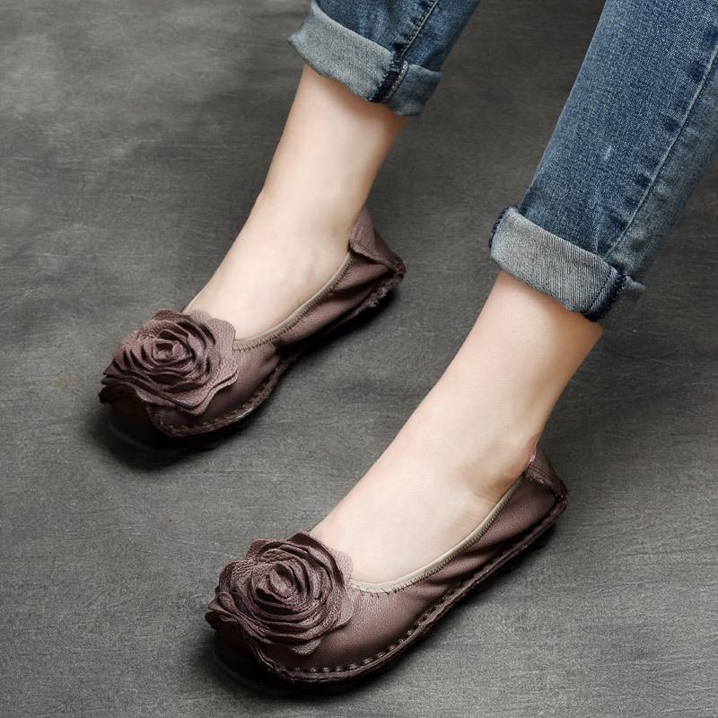 Fashion GKTINOO Retro Women Shoes Loafers Big Flower Soft Soles Casual Low Heel Luxury Shoes Flats Elegant Genuine Leather Ladies Shoes