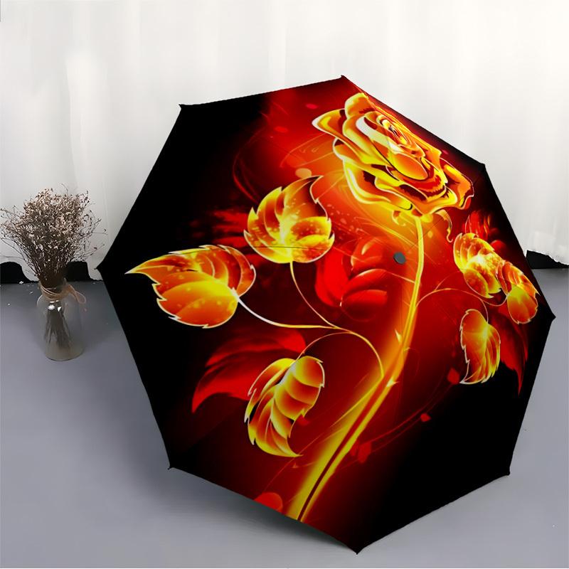 1PC Flame Rose Automatic Folding Umbrella Portable Collapsible 8-Rib Umbrella for All Seasons, Casual Outdoor Accessory, A31