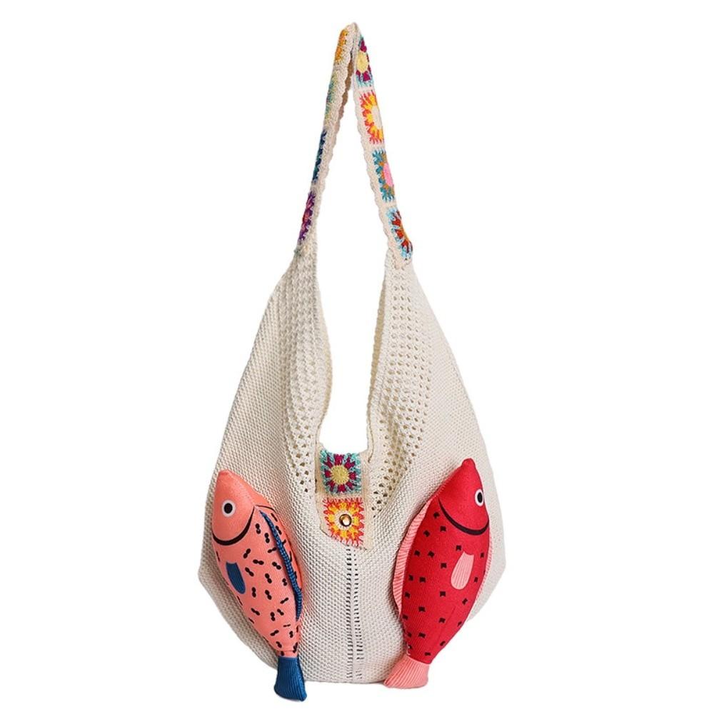 Fish Hollow Out Woven Bag Magnetic Buckle Tassels Beach Handbag Cotton Crochet Shoulder Bag  Beach