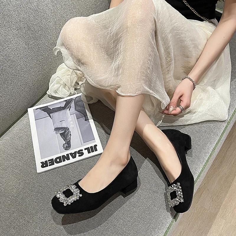 Fashion Women Square Heel Round Toe Crystal Pumps Plus Size 35-42 Black  Elegant Office Shoes For Ladies Comfortable Slip Ons 3.5cm