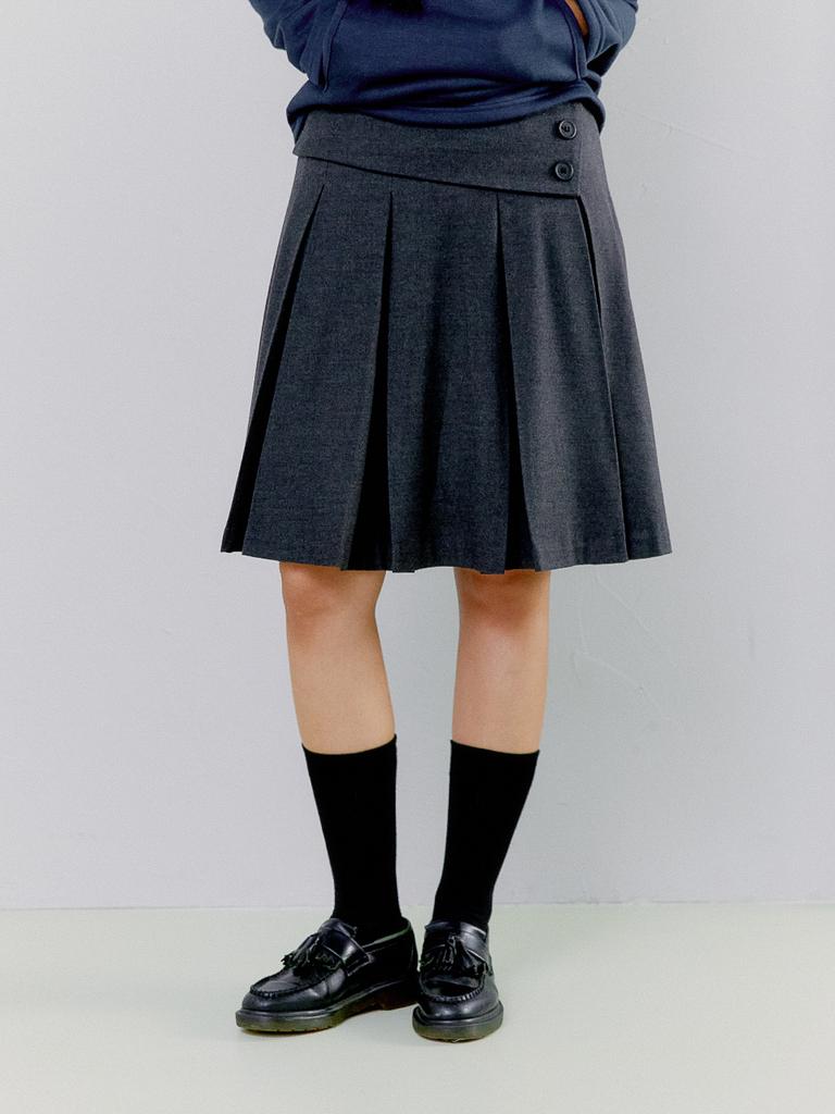 Opish Folded Waist Pleats Wool Skirt, Charcoal