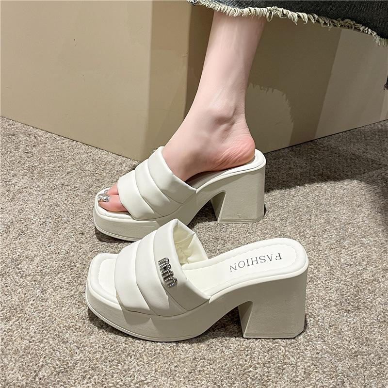 High-heeled Cool Slippers Outer Wear Women's 2024 Summer New High-profile French Simple Casual Easy To Match Thick-heeled One-word Slippers