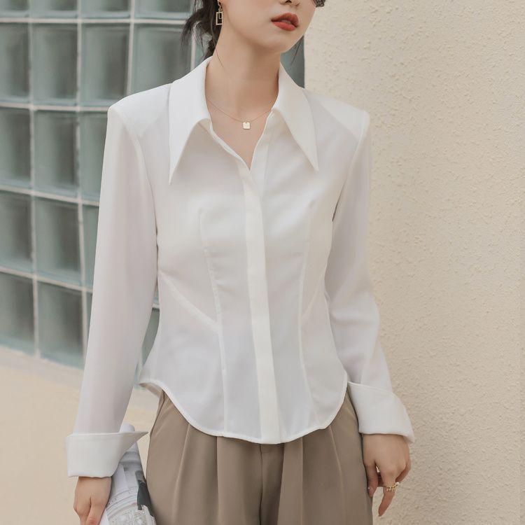 

Early Autumn Women s Slim-Fit White Satin Pointed Collar Shirt - Chic French Design XXS білий