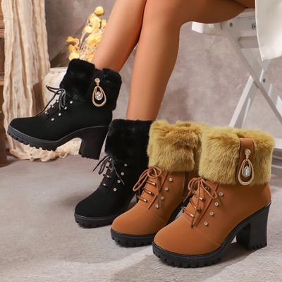 Mode Mode Winter Damen Blockabsatz Stiefeletten Warm Rutschfest Reißverschluss Warm Schneestiefel Hoher Absatz Runde Zehenpartie Damenstiefel
