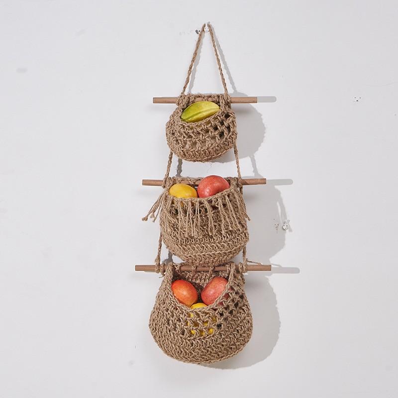 

2026 Three-layer Fruit Hanging Basket, Removable Wall-mounted Fruit Mesh Pocket, Simple Wind-woven Bag Fruit and Vegetable Basket Three layers