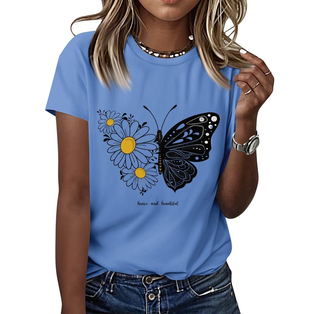 Camiseta feminina casual estampada gola redonda pulôver manga curta top