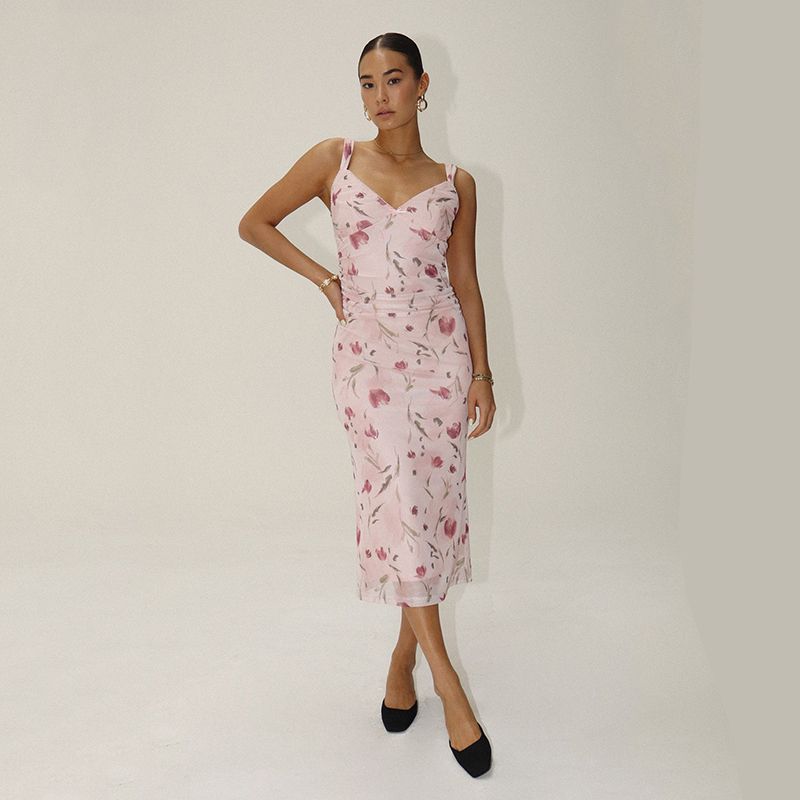 European and American Single Seaside Holiday Style Sexy V-neck Backless Mesh Floral Print Sling Long Dress Waist Hugging Slimming Dress Women