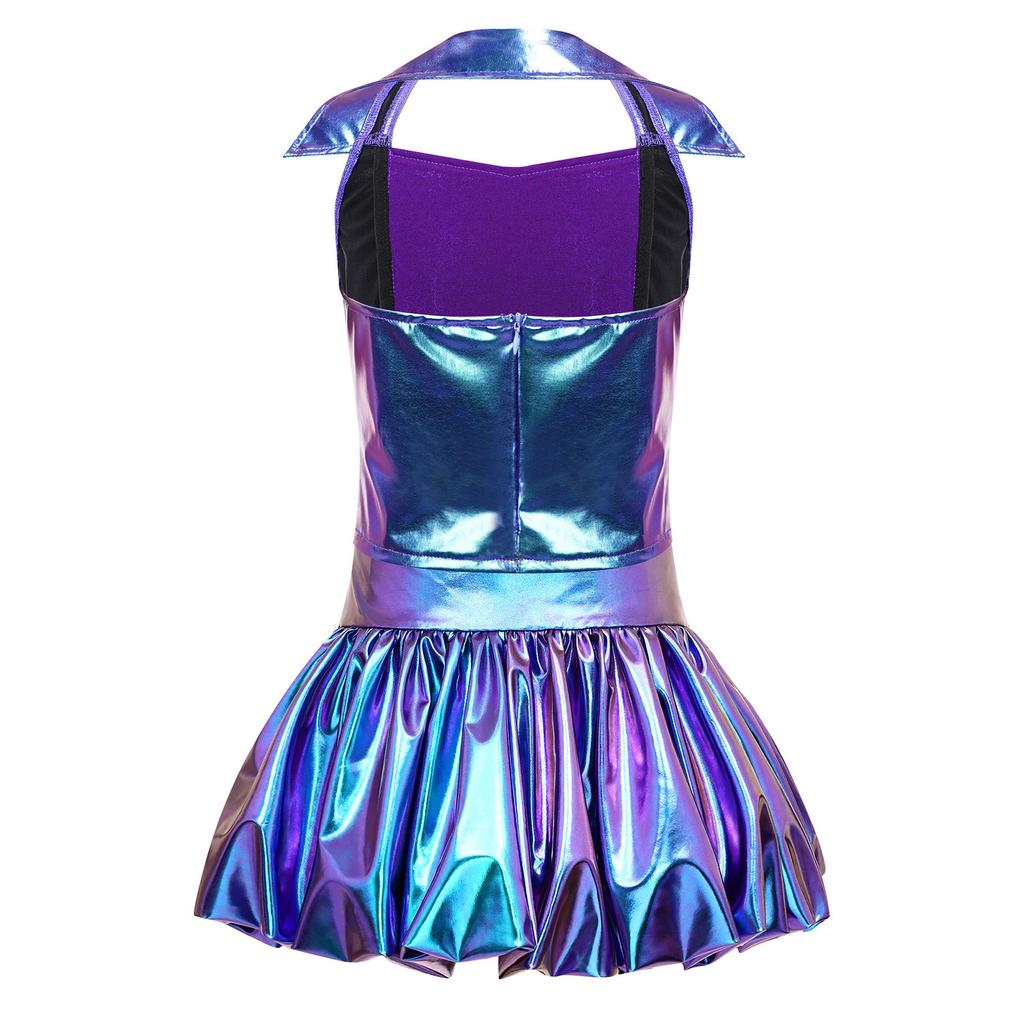 Children‘s Glitter Front Sequins Halter Sleeveless Backless Metallic Shiny Top with Skirt for Stage Show Recital Costume