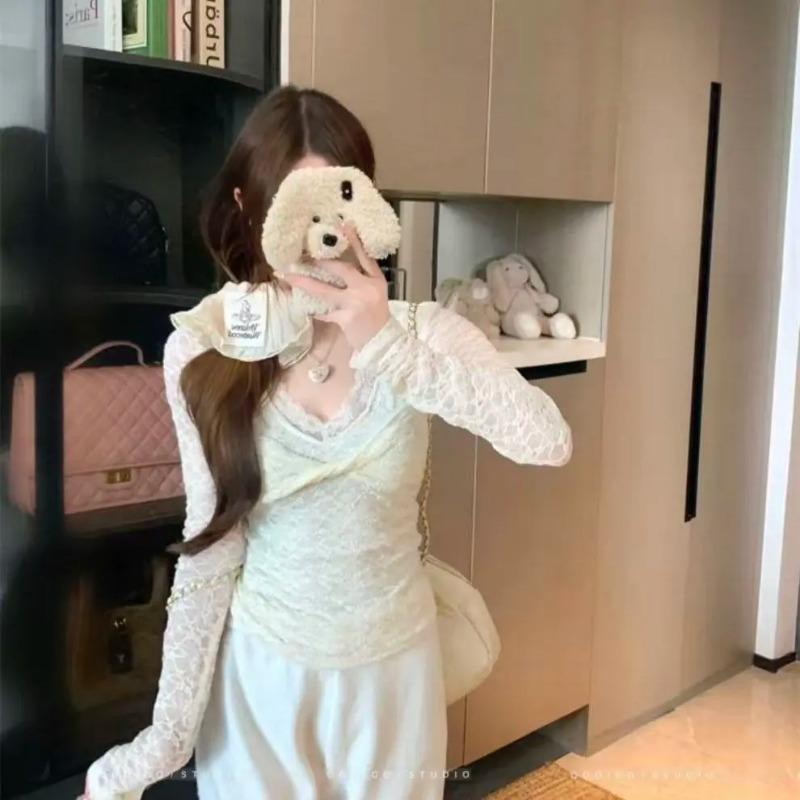 

Топ с V-образным вырезом, кружевной вставкой и длинными рукавами для женского осеннего похудения и универсальная базовая рубашка S абрикосовый