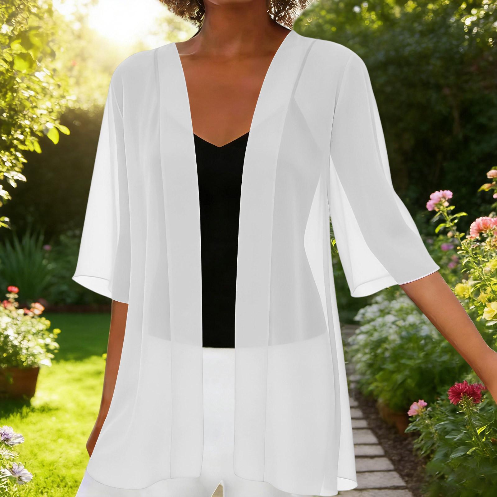 Heima E Dames Chiffon Korte Vest Lichtgewicht Open Voorkant Cover-up Zonbescherming Sjaal Casual Bovenkleding L wit