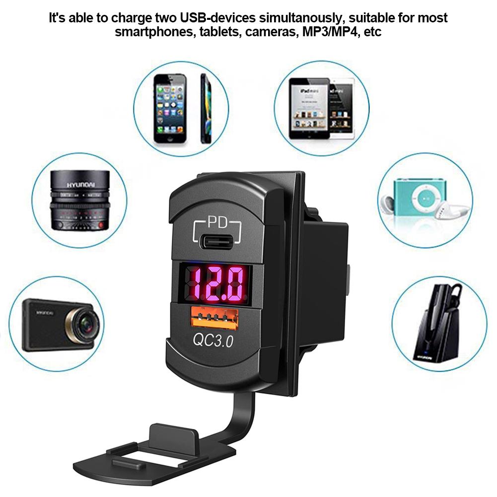 USB C Car Charger PD QC3.0 Dual USB Car Charger Socket 12V 24V Phone Charge Power Adapter for Motorcycle Boat Marine Truck ATV