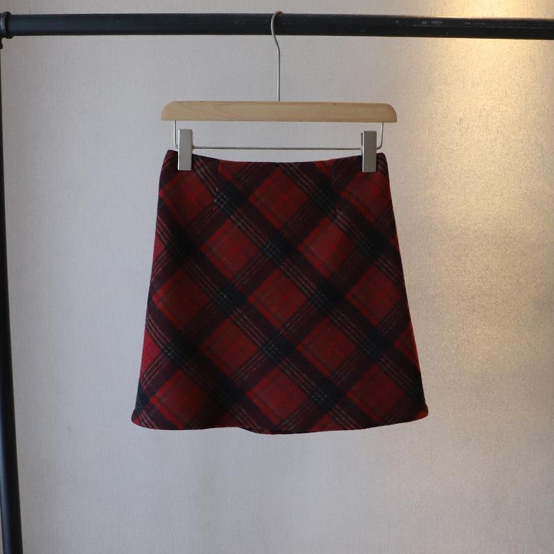 

2024 Юбка миди из шерсти в клетку в корейском стиле: Завышенная талия, стройнящий, А-силуэт. Medium красный