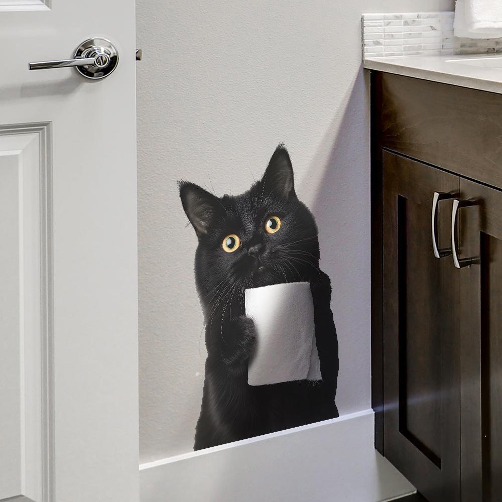 Playful Black Cat Holding Toilet Paper Toilet Seat Sticker Bathroom Decor Self-Adhesive Removable Decal