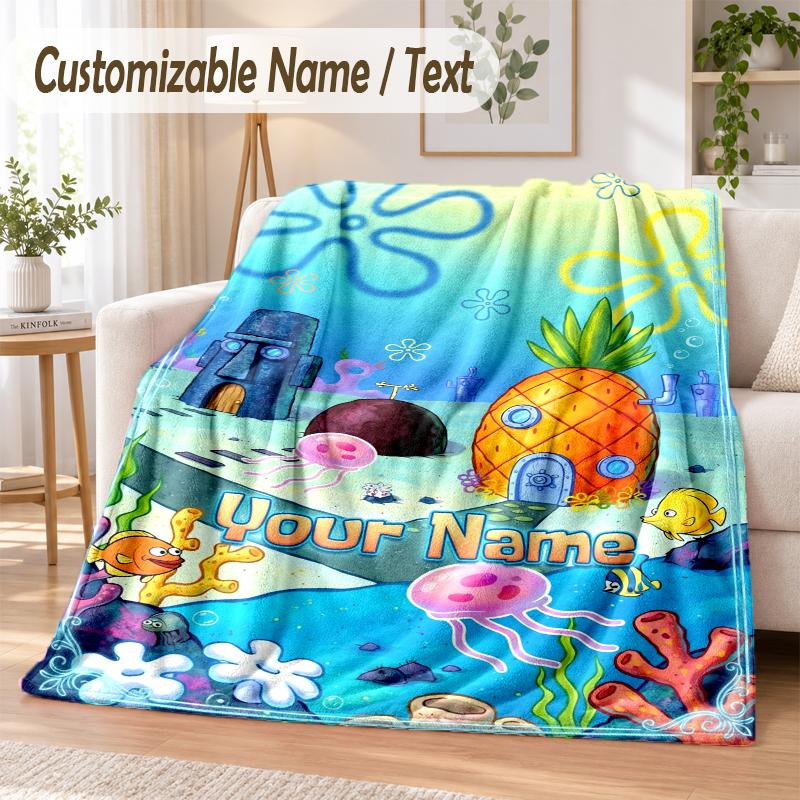 SpongeBob Custom Name Flannel Throw Blanket Soft Warm for Sofa Bed Indoor Home Use