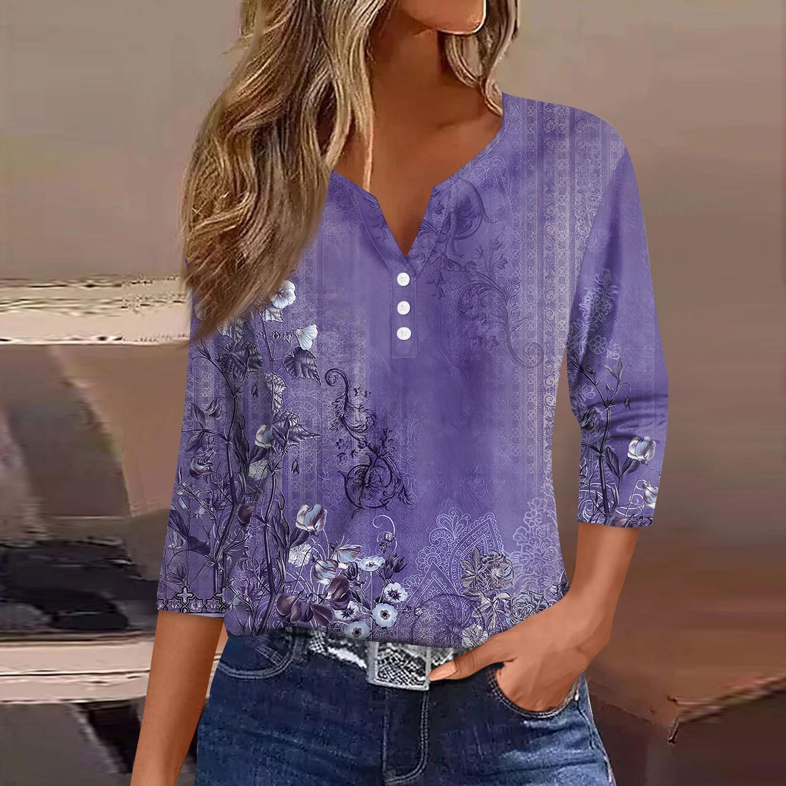 

Женская модная повседневная футболка с v-образным вырезом и семью рукавами с цветочным принтом и пуговицами, топ на пуговицах L фиолетовый