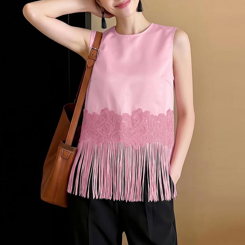 ZANZEA Women Casual Round Neck Lace Tassel Splice Loose Sleeveless Tank Tops