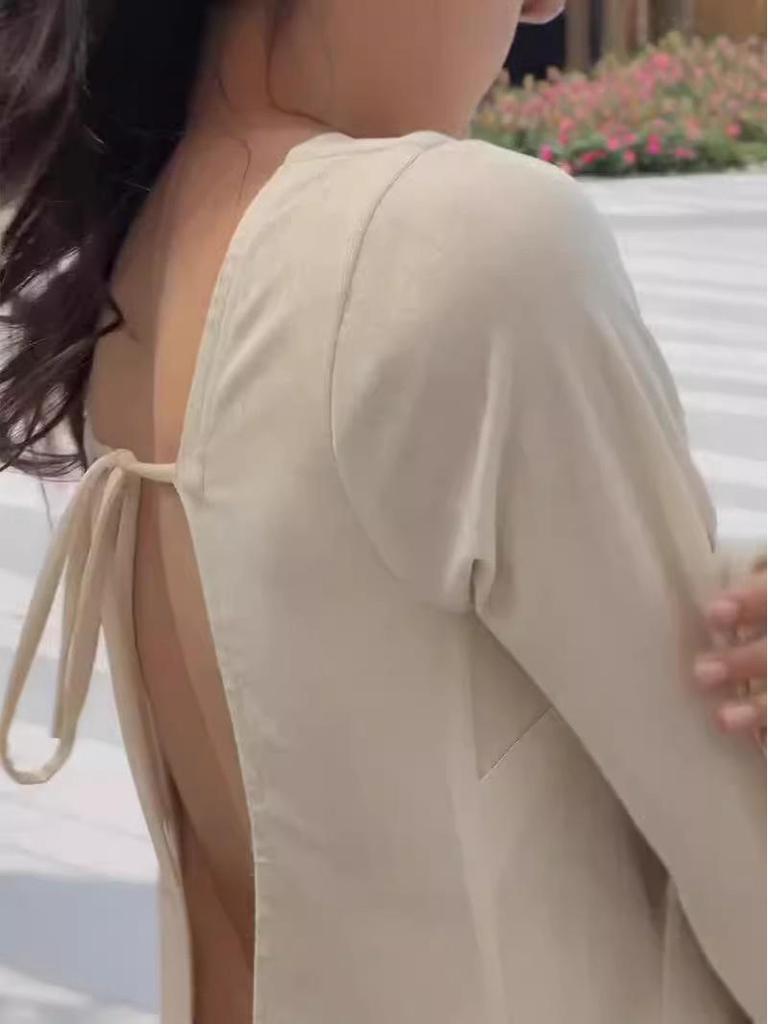 Robe d'été pour femmes 2024, couleur unie, manches longues, cintrée à la taille, style français