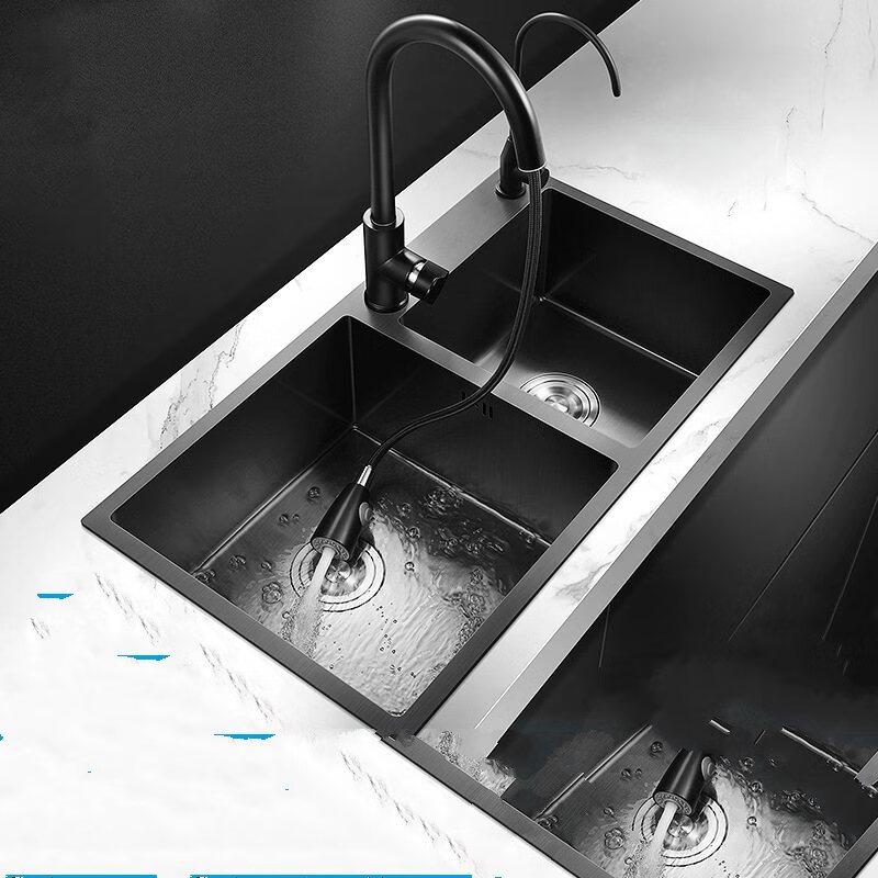 TLXT Thickened 304 Stainless Steel Double Basin Kitchen Sink with Pull-Out Faucet