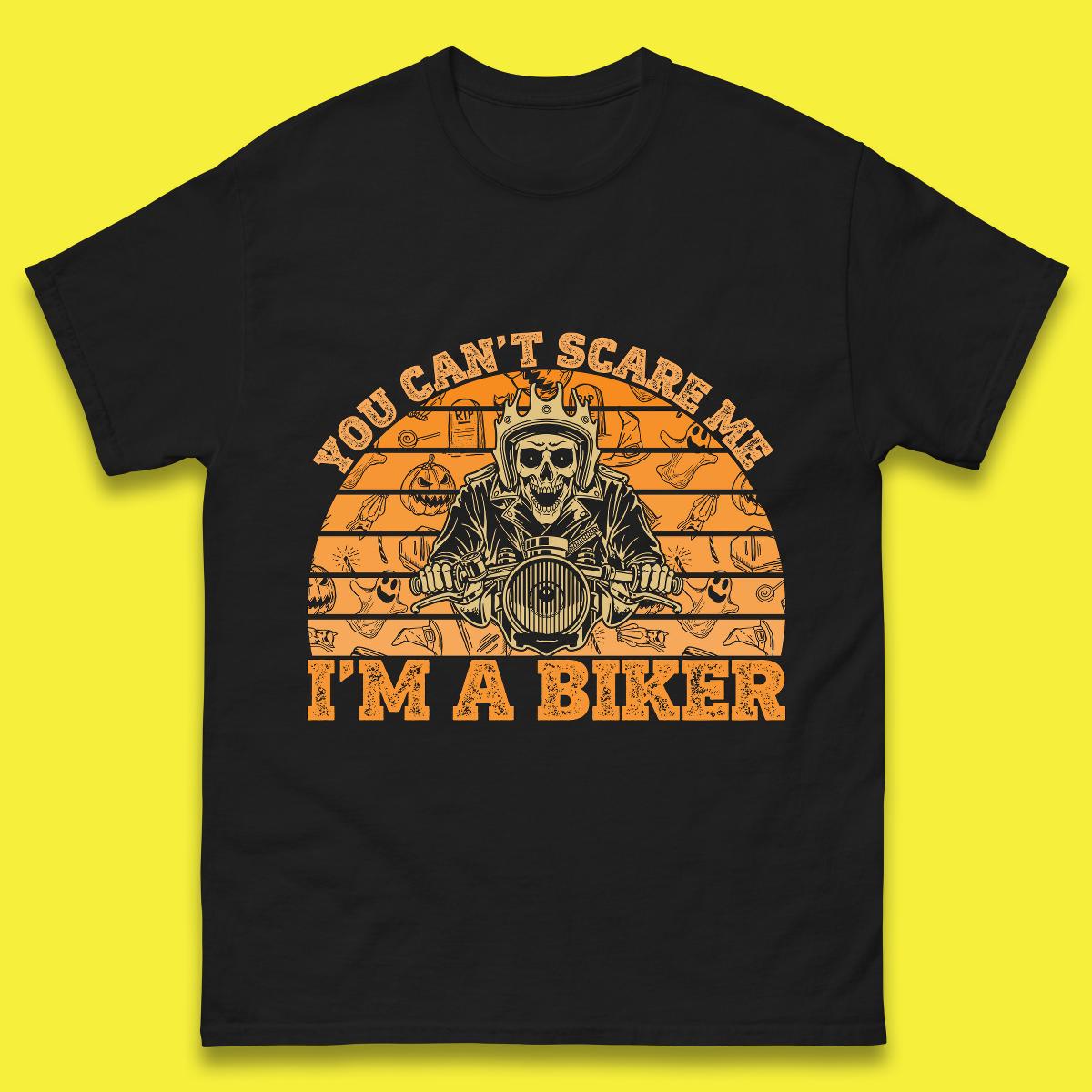 You Can t Scare Me I m A Biker Halloween Skeleton Riding Motorcycle Vintage Biker Skull Mens Tee Top XL