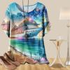 Women's Casual Loose Spring Shirt Women's Short Sleeve Trees and Sea Printed Tops