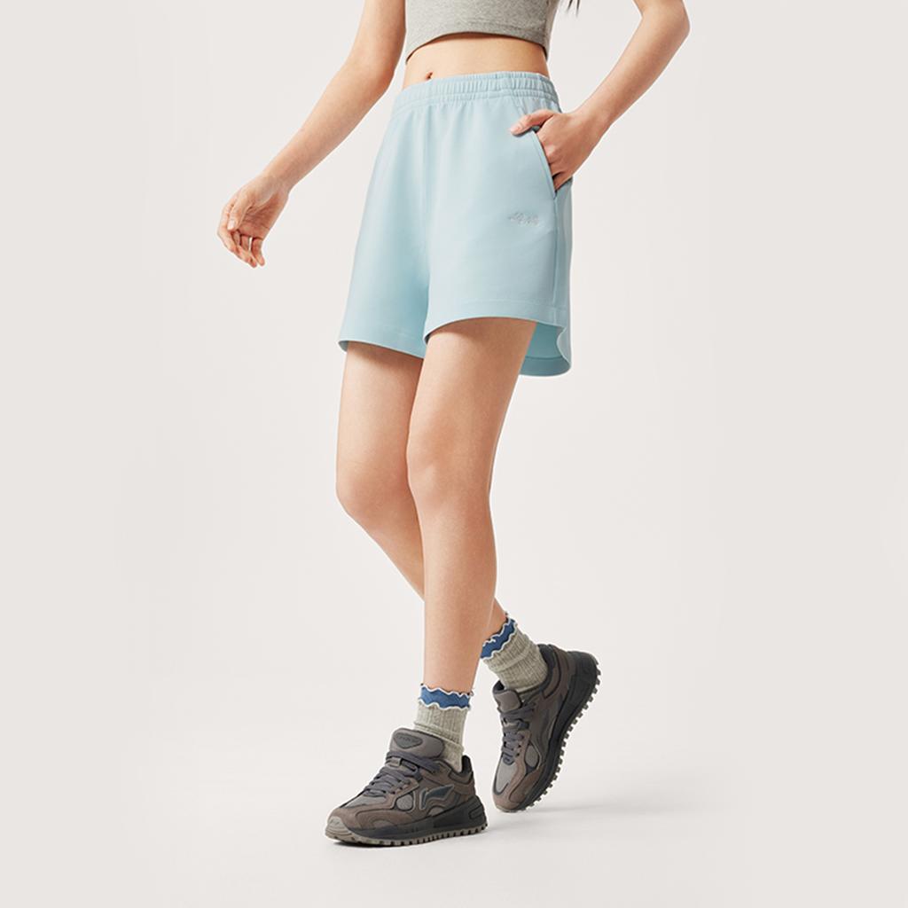 Li Ning Sports Trend Series Solid Color Mid Waist Breathable Versatile Straight Casual Shorts Women Shorts Light-Sky-Blue AKSV178-1