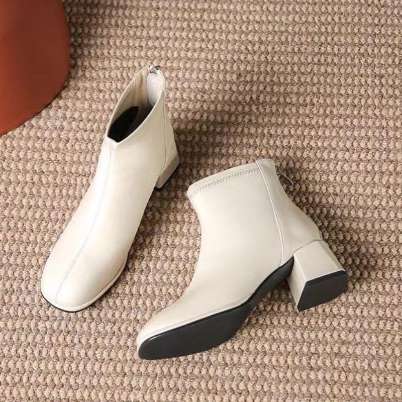 Elegant with Medium Heels Fleece-Lined Leather Booties Autumn Winter Square Toe Women's Ankle Boots New In Female Short Shoes