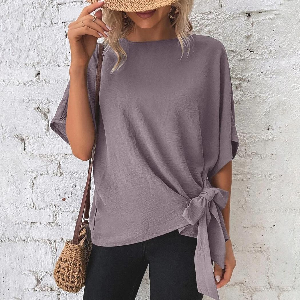 

Летняя женская мода, однотонный свободный топ с рукавами «летучая мышь» и завязками XL фиолетовый