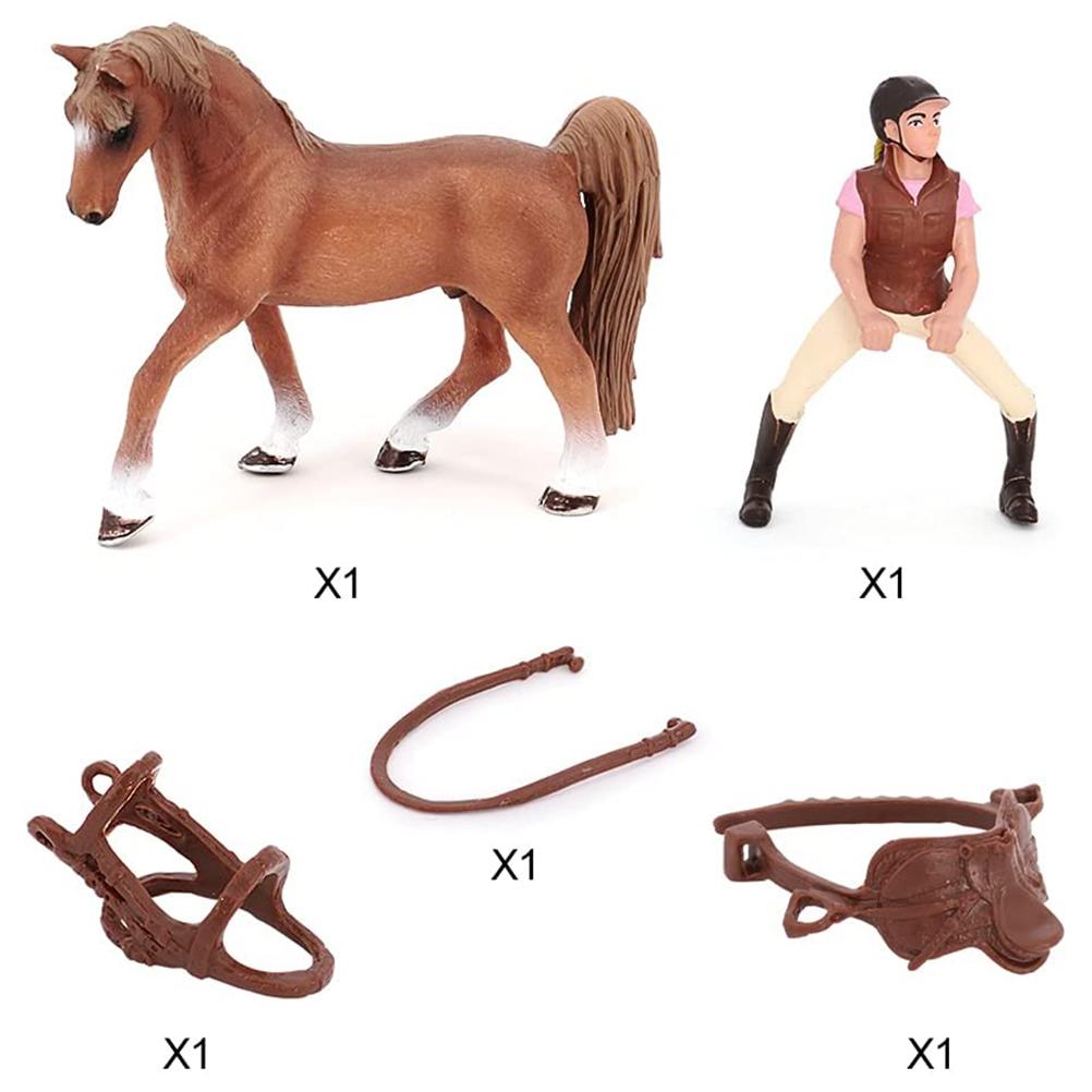 Miniature Simulation Brown Horse with Horsewoman Figurine and Saddle Animal Figure Collection Model Toys for Kids