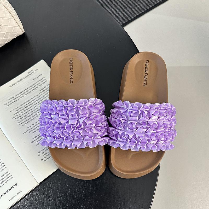 

Весна и лето новые бантик одно слово цветок плоская подошва атласные толстоподошвенные однословные шлепанцы женские носят прохладные шлепанцы 40 фиолетовый