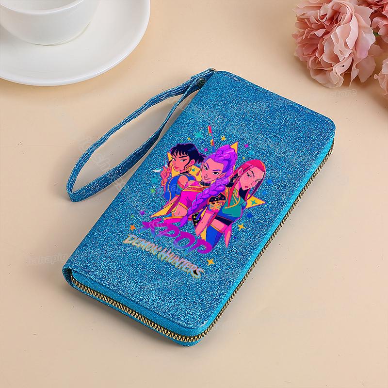 Vysoce kvalitní KPop Lovci démonů Dlouhá peněženka Dámské peněženky na zip Sequin Bling Koženka Kapsa na mince Držák na ID Kartu Dámské Clutch Peněženky