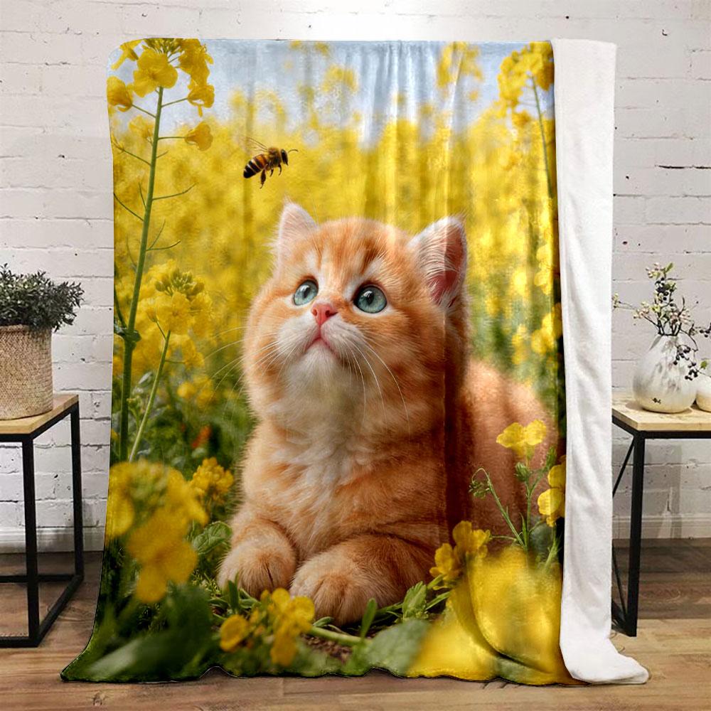1 Stück Katzen von Blumen umgeben Aufdruck Decke Weich und Bequem Haus Reise Decke Erwachsene und Kind Warme Decke Sofa