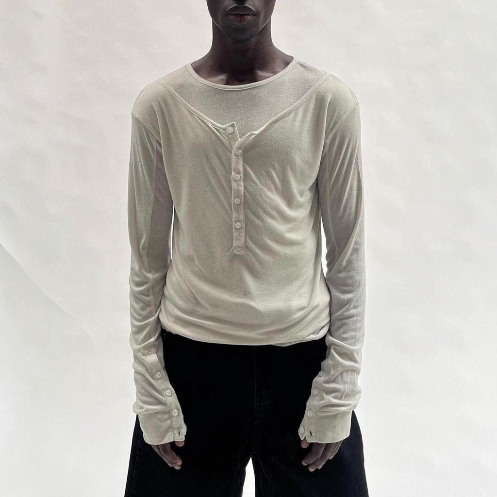 Unisex European & American Style Double-Layer Long-Sleeve Button-Up T-Shirt