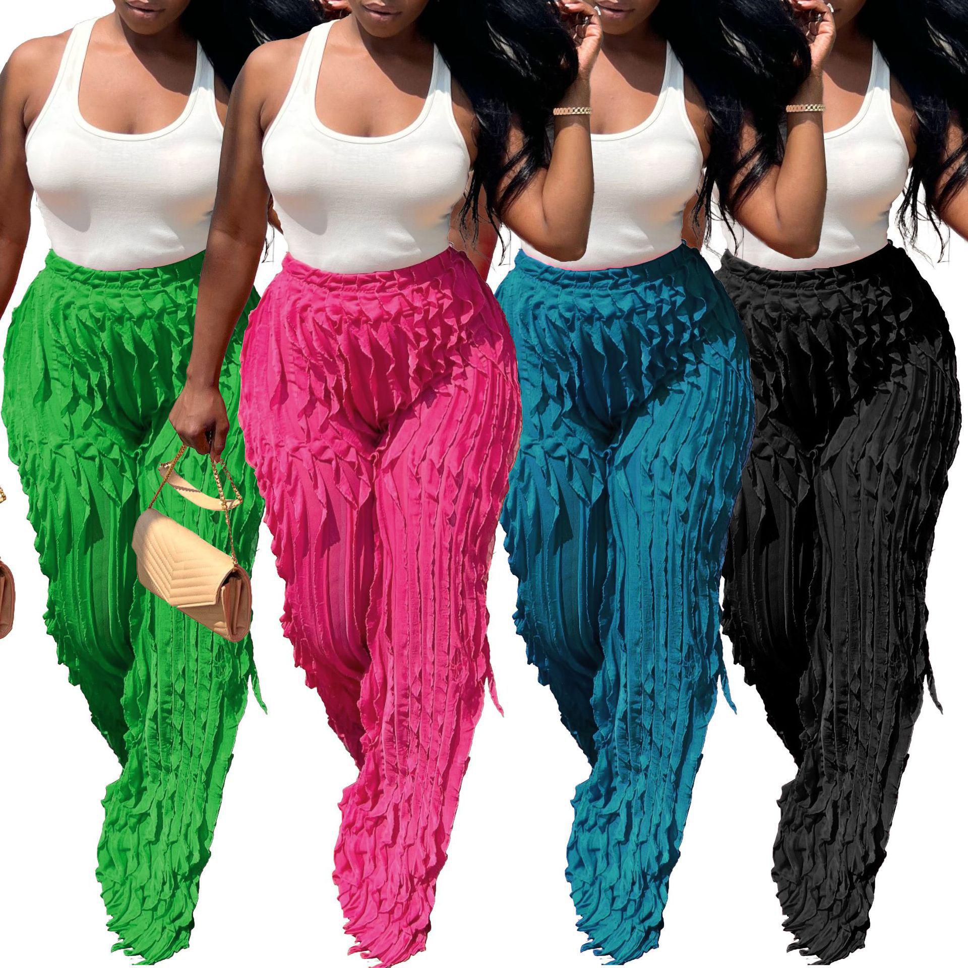 

Women s Mesh Wave Pattern Ruffle High Waist Wide Leg Trousers Medium