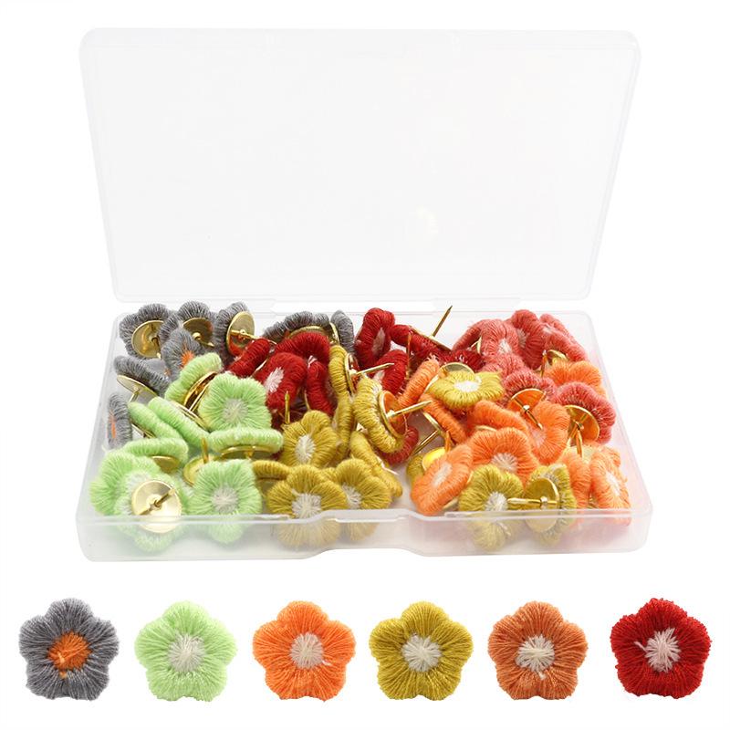 Set of 60 Dark/Light U-Shaped Metal Nails with Colorful Embroidered Flowers In Plastic Box