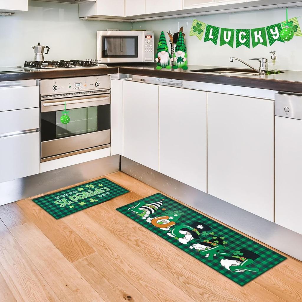St. Patrick's Day Kitchen Rugs Sets of 2 Lucky Shamrock Gnomes Kitchen Mat St Patricks Day Floor Decorations Non Skid Washable Buffalo Plaid Mats for