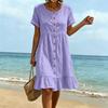 Women's Summer Casual Loose Fit Dress Short Sleeve Round Neck Button Front Midi Dress with Ruffle Hem Lightweight Comfortable Fabric