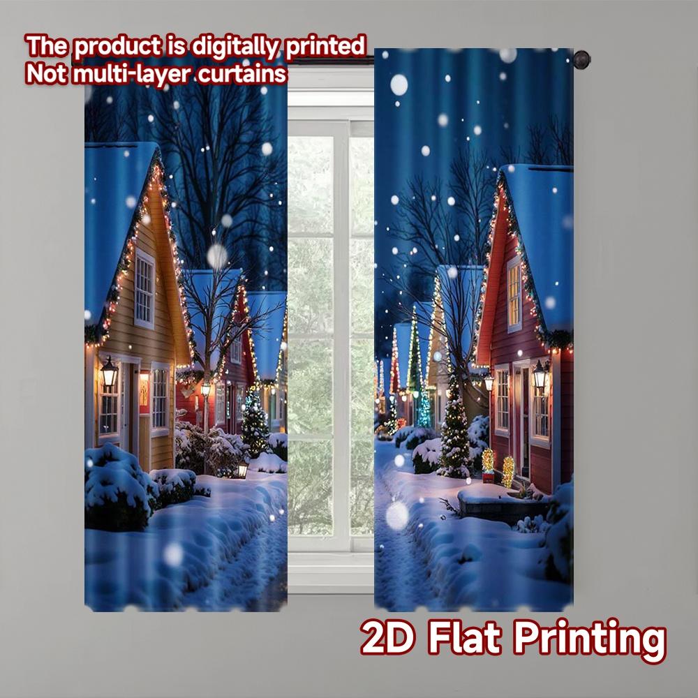 

2pcs 2D flat printing Christmas Curtains Christmas Town Scene Fabric Without Electricity Versatile Perfect for All Occasions 100*130 HOOK 1pcs