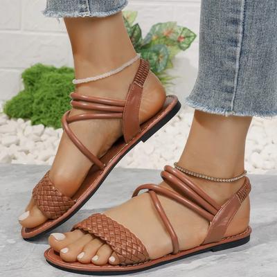 Fashion 2025 High Quality Women's Shoes Women's Roman Elastic Band Summer Open Toe Casual Flat Sandals Plus Size Solid Flat Sandals