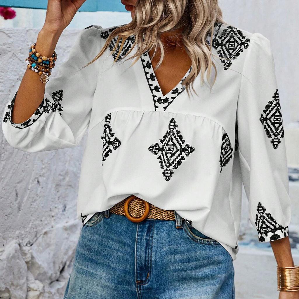 Top pentru femei cu decolteu în V, casual, imprimat, cu șapte mâneci