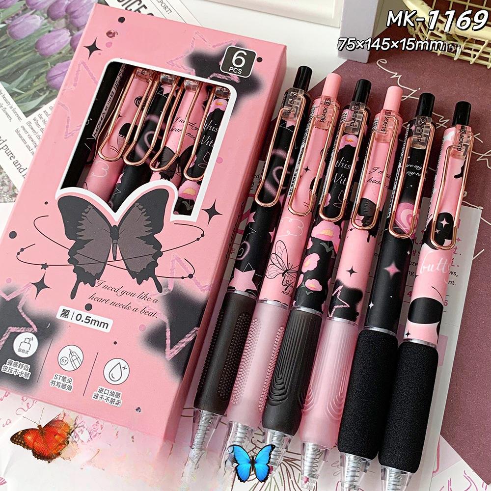 6 pièces/ensemble Stylo Gel Doux Dessin Animé Mode Coréenne Mignon Chaton Stylos à Bille pour Étudiante 0.5mm Stylo Encre Noire Fournitures Scolaires
