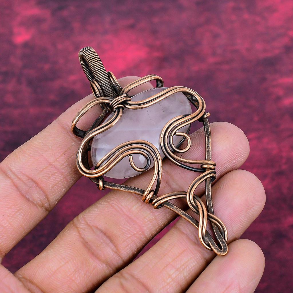 Rose Quartz Pendant Genuine Gemstone Pendant Copper Wire Wrapped Handmade Jewelry