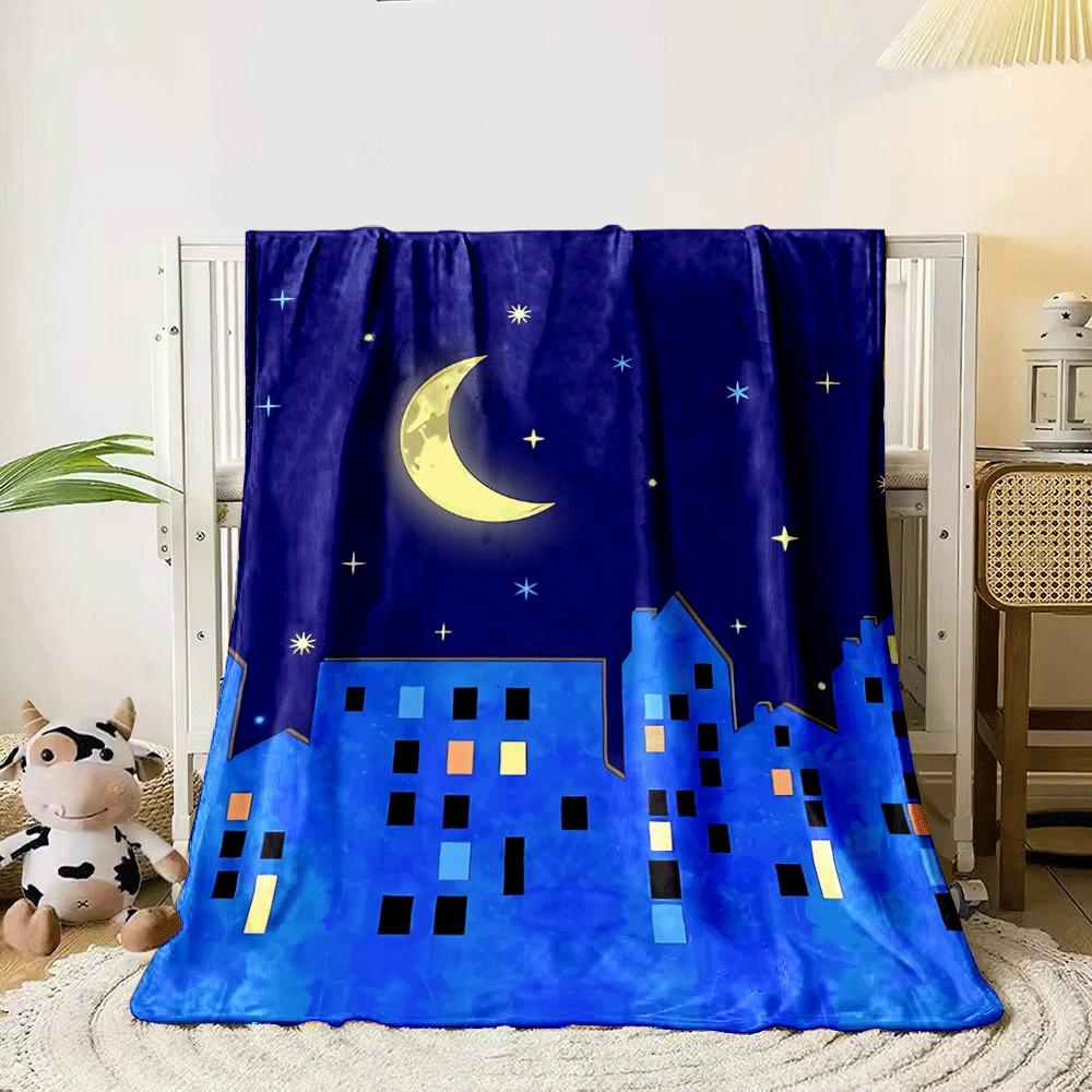 Nighttime cityscape with glowing windows, crescent moon, and stars. for all seasons blanket lunch break throw gift 80cm x 120cm