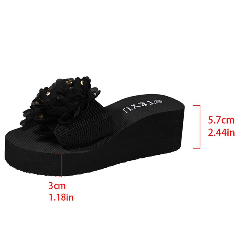 Fashion Fashion Flower Design Wedge Slippers Women Summer Sequins Black Platform Slides Female Stylish Anti-Slip High Heel Sandals Mujer
